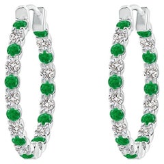 Natural Emerald and Diamond Inside Out Hoop Earrings in 14K White Gold (1.5mm)