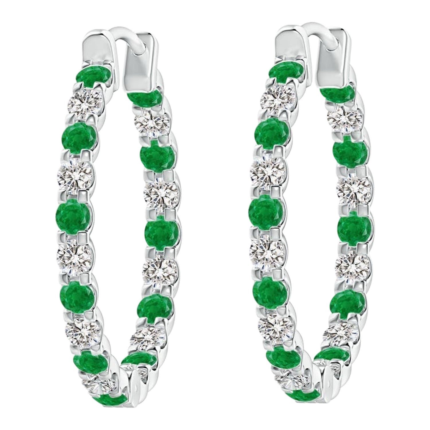 Natural Emerald and Diamond Inside Out Hoop Earrings in 14K White Gold (1.5mm)