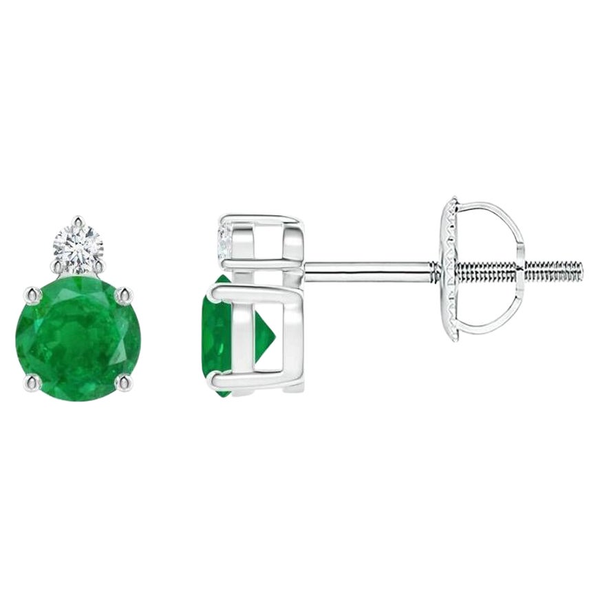 ANGARA Natural 0.48ct Emerald Stud Earrings with Diamond in 14K White Gold For Sale