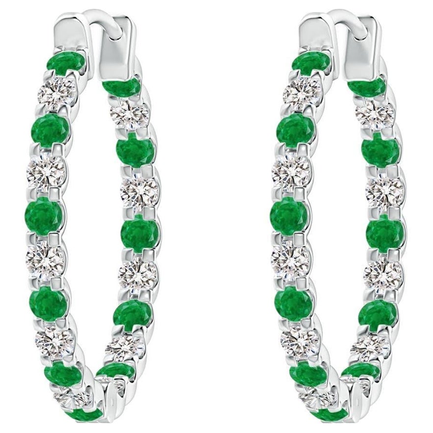 Natural Emerald and Diamond Inside Out Hoop Earrings in 14K White Gold (1.7mm) For Sale