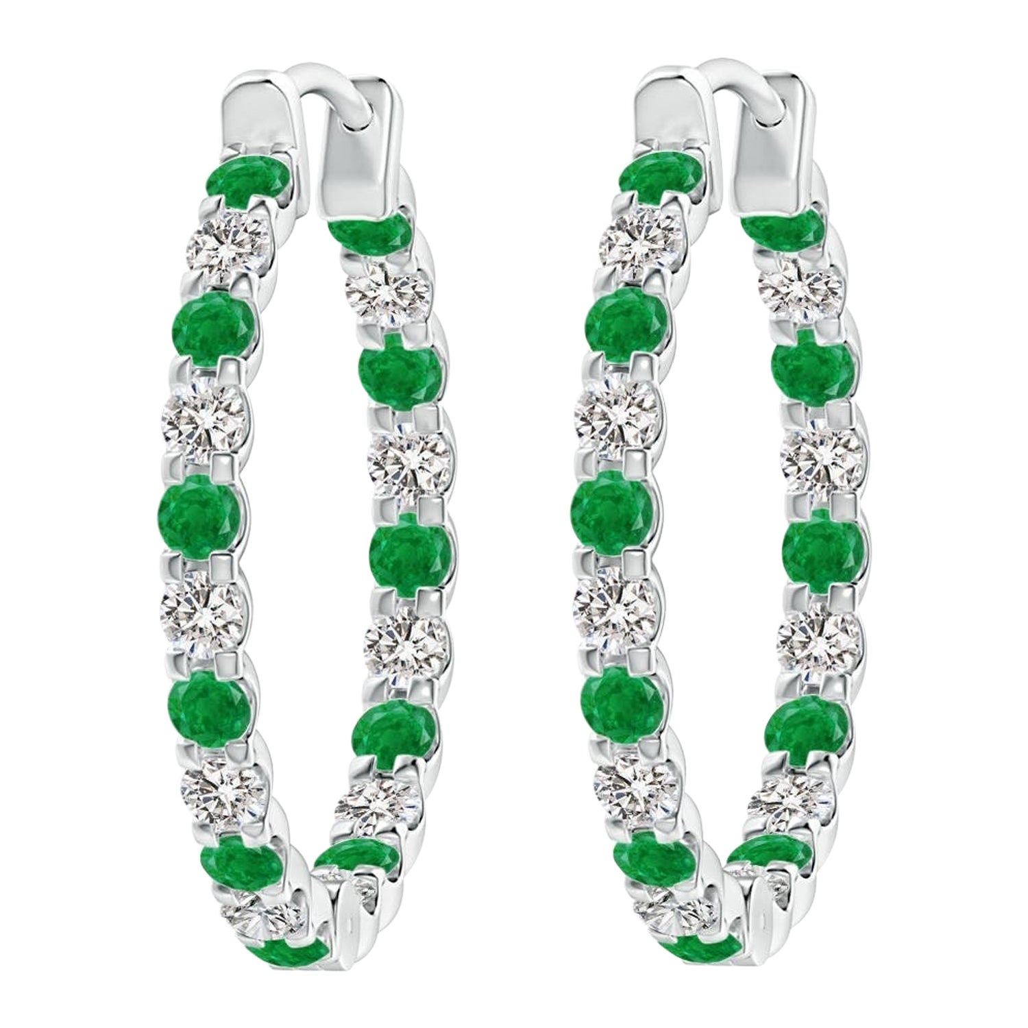 Natural Emerald and Diamond Inside Out Hoop Earrings in 14K White Gold (1.7mm)