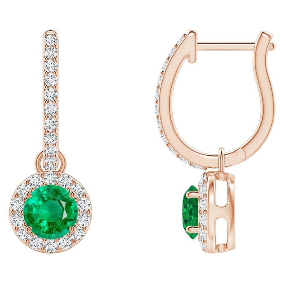 Natural Round Emerald Earrings with Diamond Halo in 14K Rose Gold (4mm) For Sale