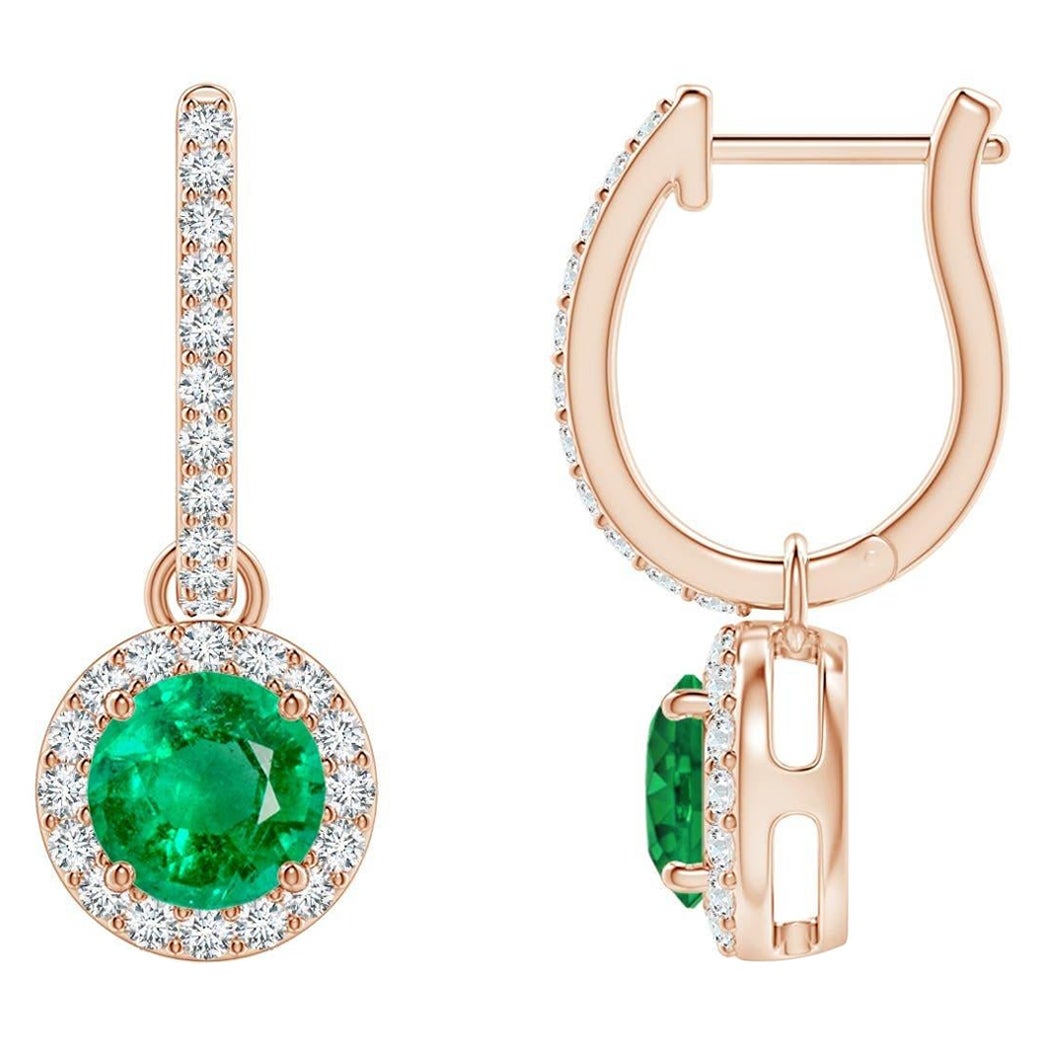 Natural Round Emerald Earrings with Diamond Halo in 14K Rose Gold (5mm) For Sale