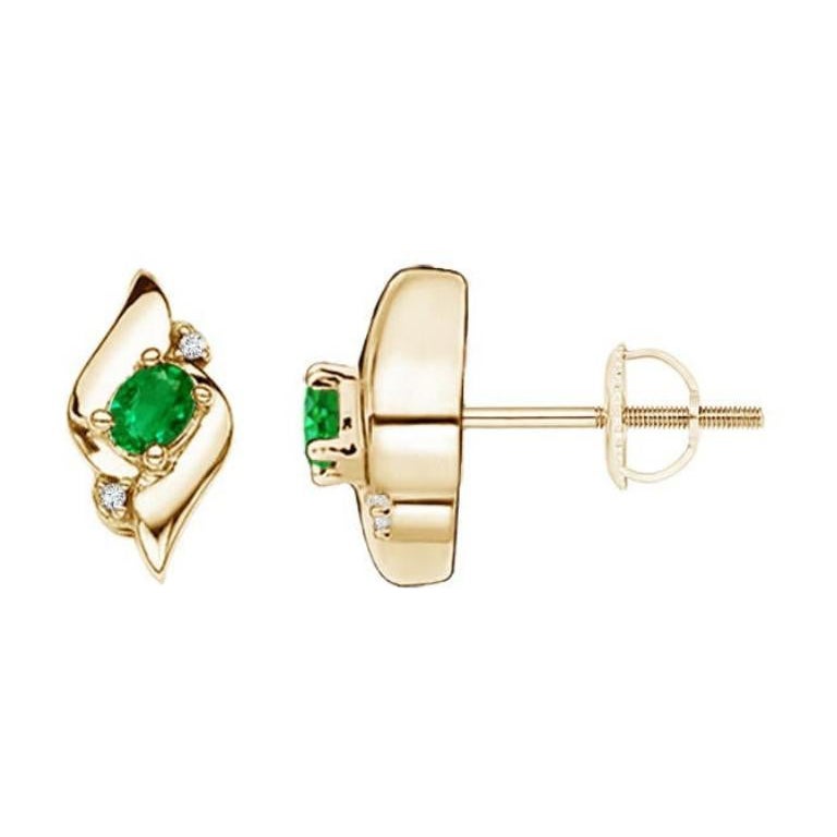 Natural Oval Emerald and Diamond Stud Earrings in 14K Yellow Gold (4x3mm) For Sale