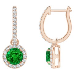 Natürliche runde Smaragd-Ohrringe mit Diamant-Halo aus 14 Karat Roségold (5 mm)
