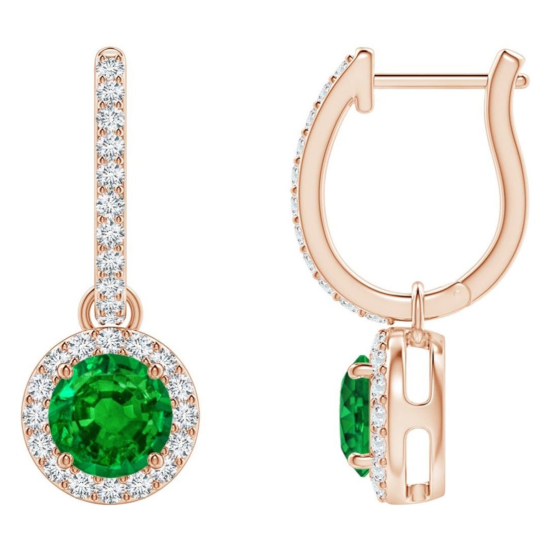 Natural Round Emerald Earrings with Diamond Halo in 14K Rose Gold (5mm)