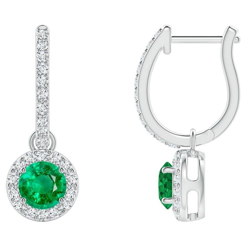 Natural Round Emerald Earrings with Diamond Halo in Platinum (Size-4mm) For Sale