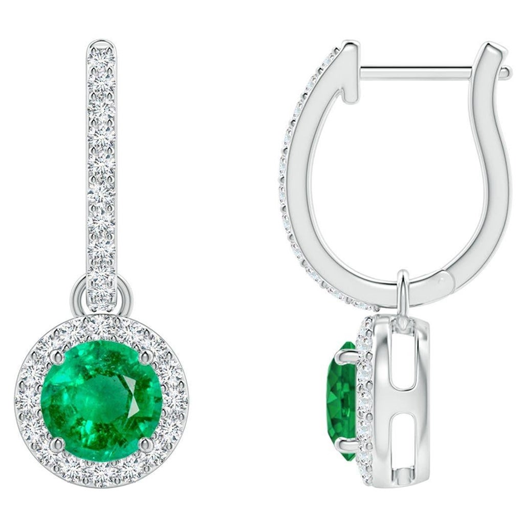 Natural Round Emerald Earrings with Diamond Halo in Platinum (Size-5mm)