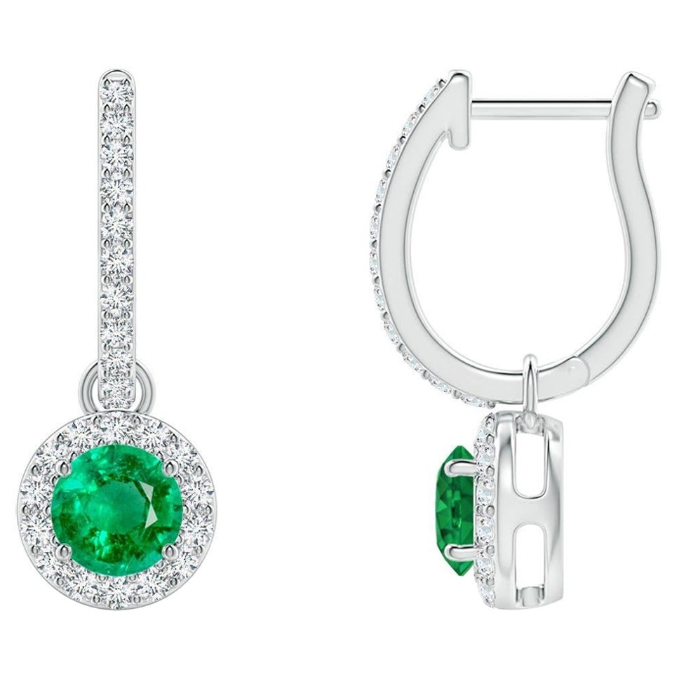 Natural Round Emerald Earrings with Diamond Halo in 14K White Gold (4mm) For Sale