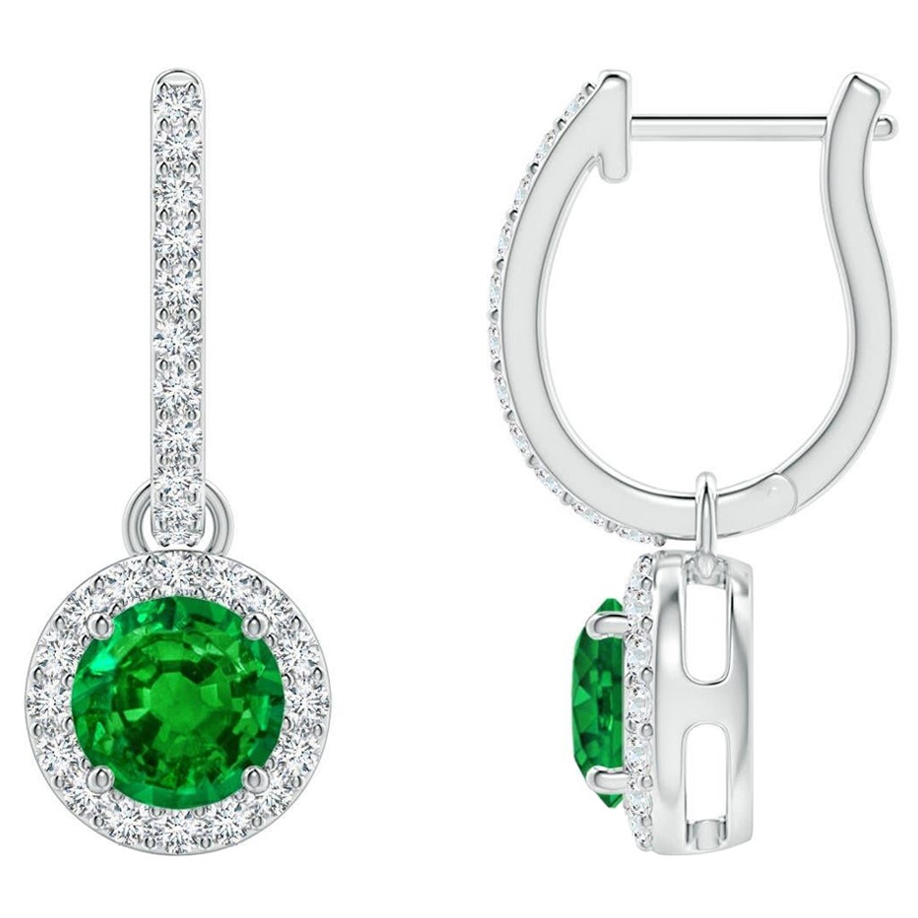 Natural Round Emerald Earrings with Diamond Halo in Platinum (Size-5mm) For Sale