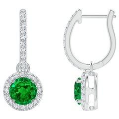 Natural Round Emerald Earrings with Diamond Halo in Platinum (Size-5mm)