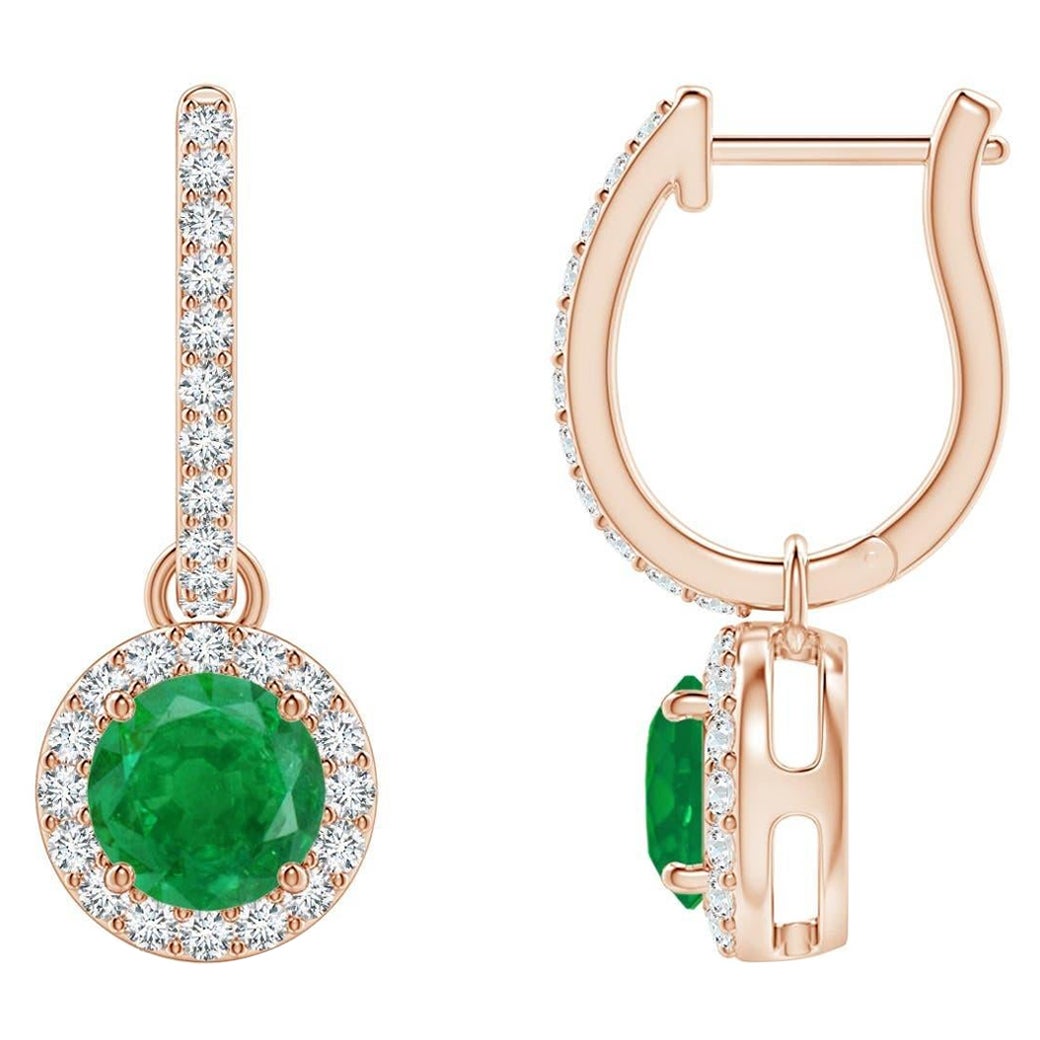 Natürliche runde Smaragd-Ohrringe mit Diamant-Halo aus 14 Karat Roségold (5 mm) im Angebot