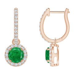 Orecchini con smeraldo rotondo Nature e diamante aureolato in oro rosa 14K (5 mm)
