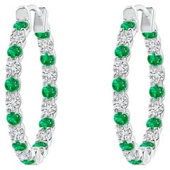 Natural Emerald and Diamond Inside Out Hoop Earrings in 14K White Gold (1.5mm)