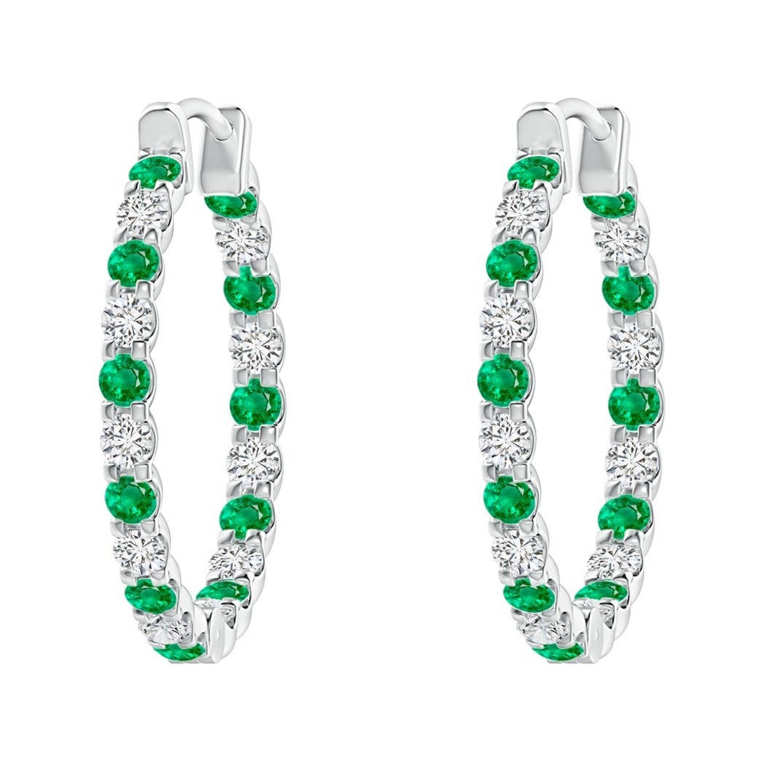Natural Emerald and Diamond Inside Out Hoop Earrings in 14K White Gold (1.5mm)