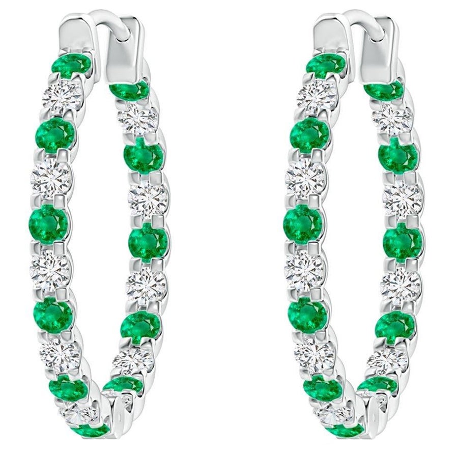 Natural Emerald and Diamond Inside Out Hoop Earrings in 14K White Gold (1.7mm)