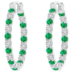 Natural Emerald and Diamond Inside Out Hoop Earrings in 14K White Gold (1.7mm)