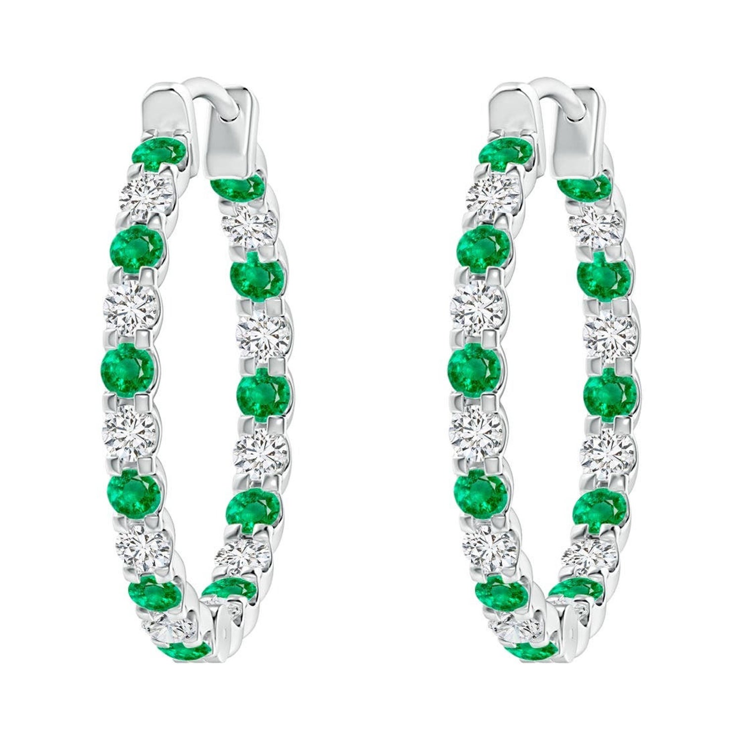 Natural Emerald and Diamond Inside Out Hoop Earrings in 14K White Gold (1.7mm)