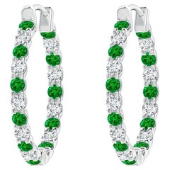 Natural Emerald and Diamond Inside Out Hoop Earrings in 14K White Gold (1.7mm)