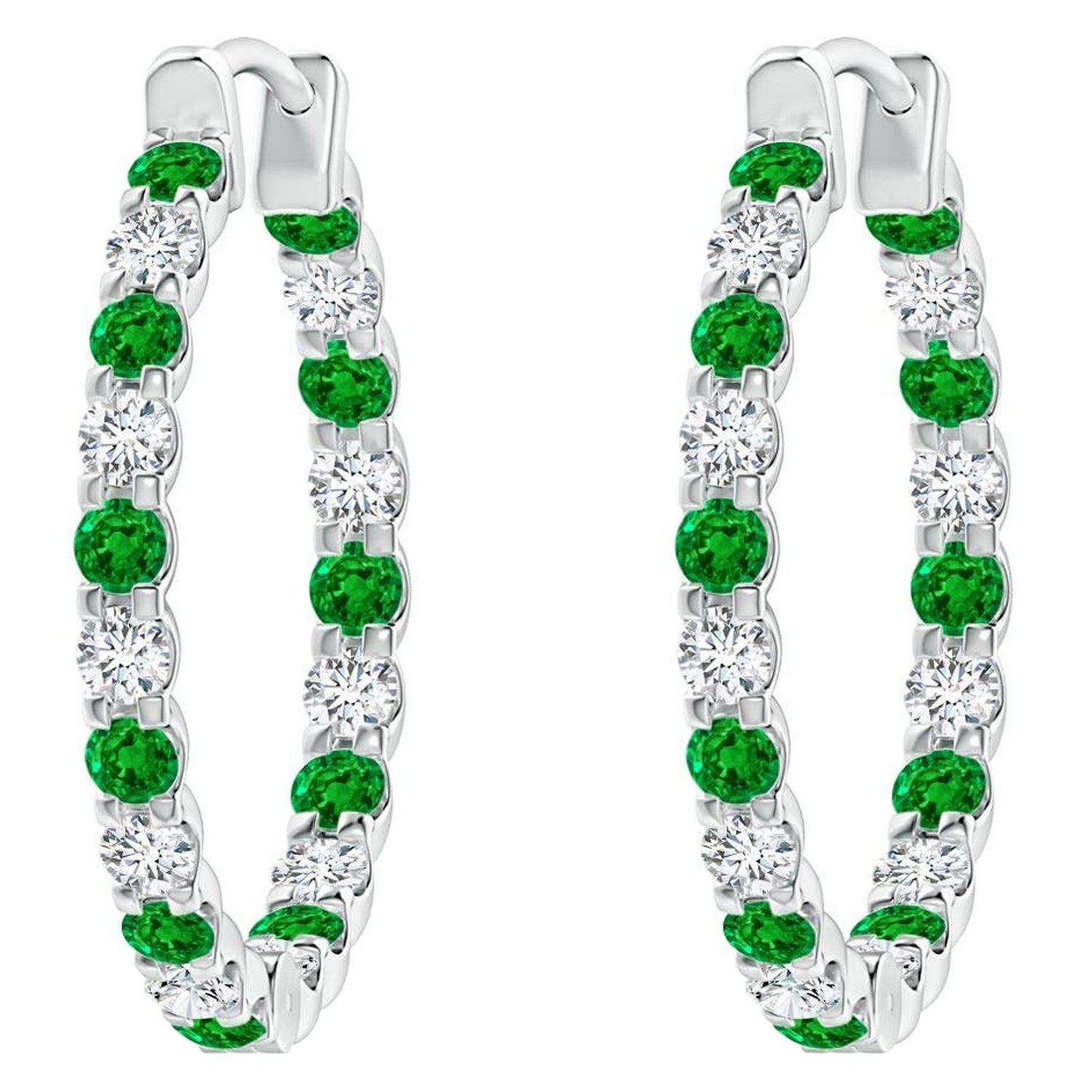 Natural Emerald and Diamond Inside Out Hoop Earrings in 14K White Gold (1.7mm)
