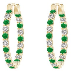 Natural Emerald and Diamond Inside Out Hoop Earrings in 14K Yellow Gold (1.5mm)