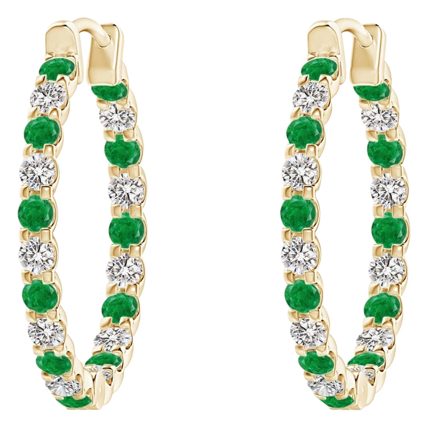Natural Emerald and Diamond Inside Out Hoop Earrings in 14K Yellow Gold (1.5mm)