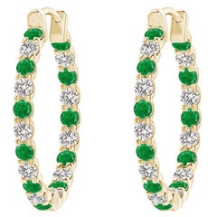 Natural Emerald and Diamond Inside Out Hoop Earrings in 14K Yellow Gold (1.7mm)