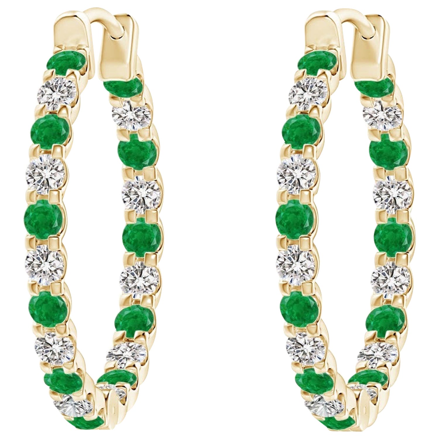 Natural Emerald and Diamond Inside Out Hoop Earrings in 14K Yellow Gold (1.7mm)