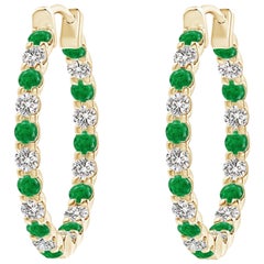 Natural Emerald and Diamond Inside Out Hoop Earrings in 14K Yellow Gold (1.7mm)