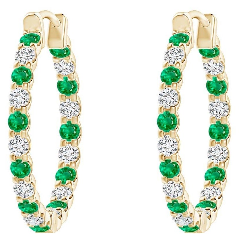 Natural Emerald and Diamond Inside Out Hoop Earrings in 14K Yellow Gold (1.5mm)