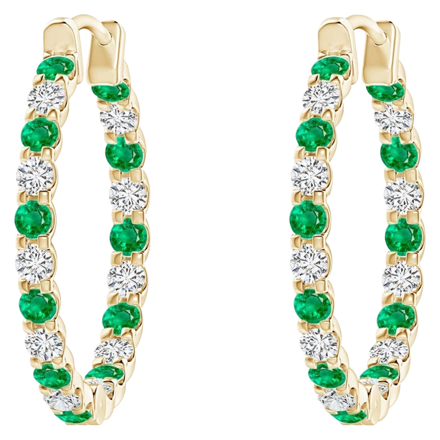 Natural Emerald and Diamond Inside Out Hoop Earrings in 14K Yellow Gold (1.5mm) For Sale