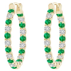 Natural Emerald and Diamond Inside Out Hoop Earrings in 14K Yellow Gold (1.7mm)