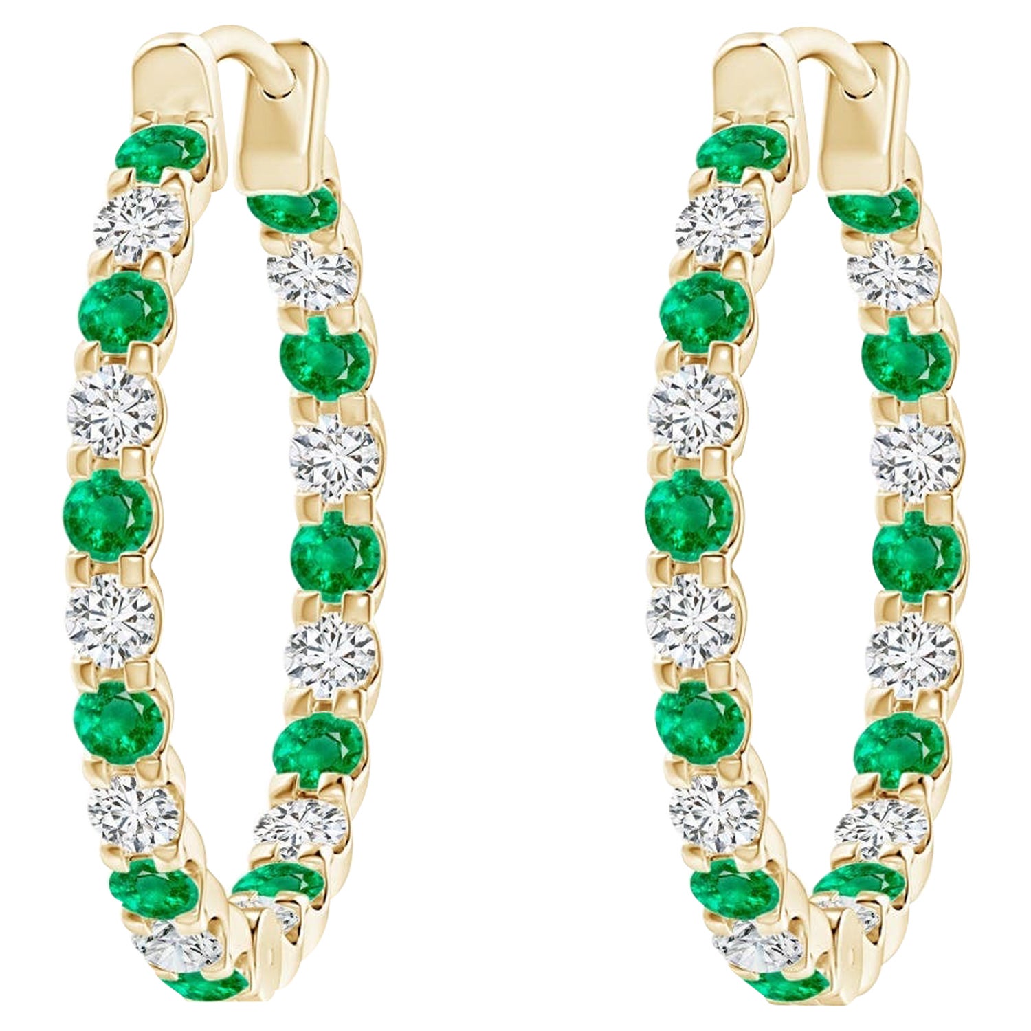 Natural Emerald and Diamond Inside Out Hoop Earrings in 14K Yellow Gold (1.7mm) For Sale