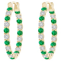 Natural Emerald and Diamond Inside Out Hoop Earrings in 14K Yellow Gold (1.7mm)