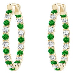 Natural Emerald and Diamond Inside Out Hoop Earrings in 14K Yellow Gold (1.5mm)