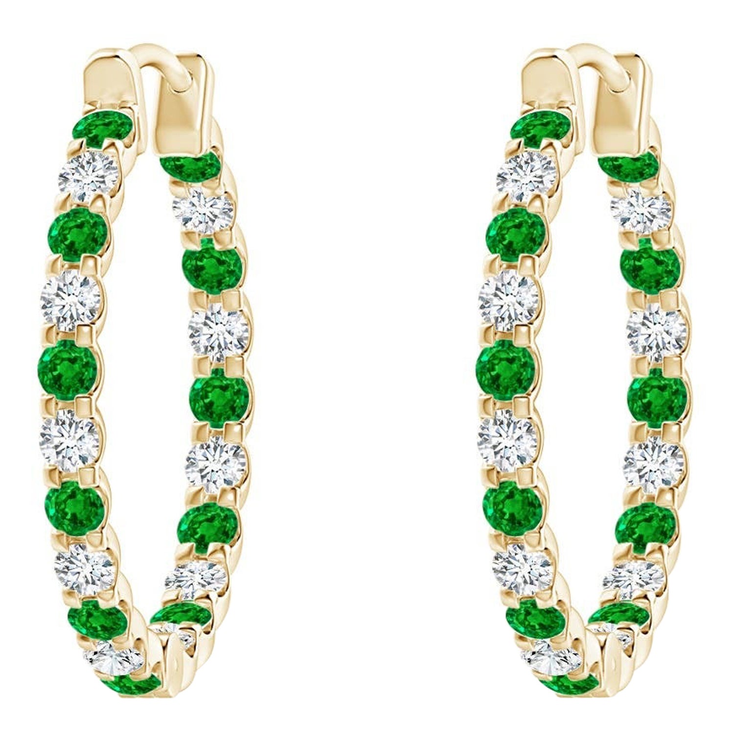 Natural Emerald and Diamond Inside Out Hoop Earrings in 14K Yellow Gold (1.5mm)