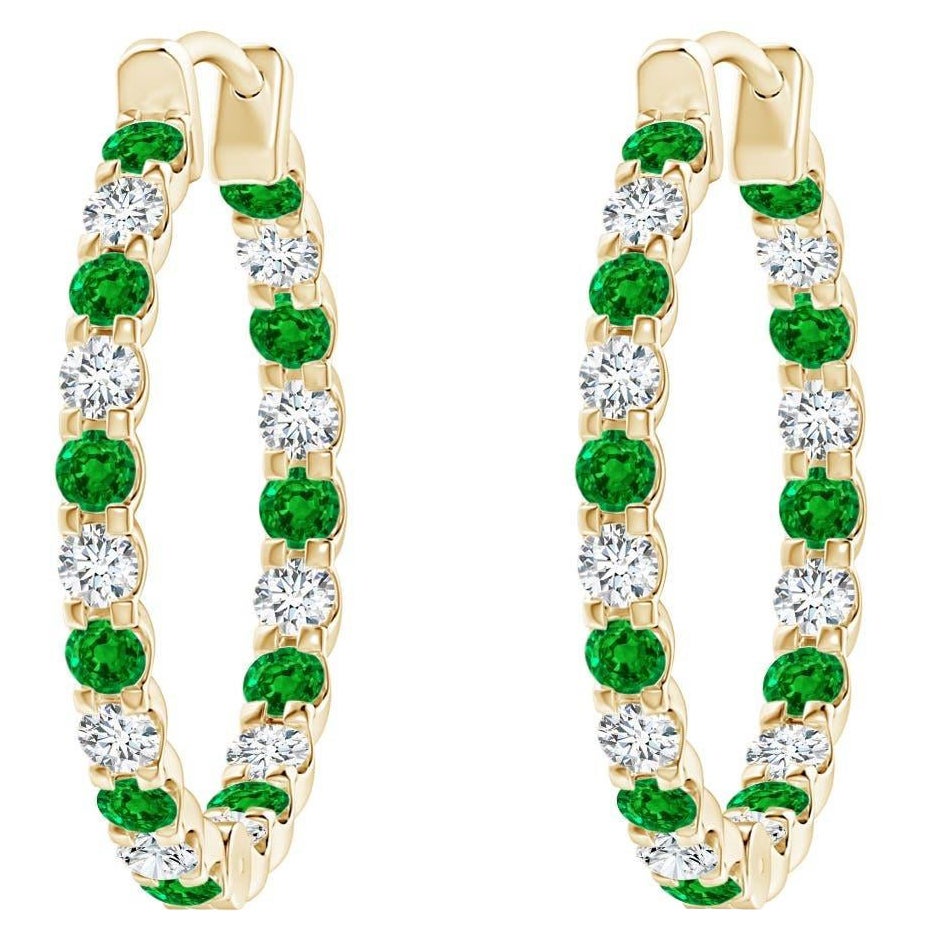 Natural Emerald and Diamond Inside Out Hoop Earrings in 14K Yellow Gold (1.7mm)