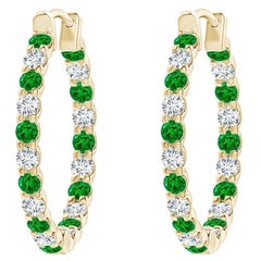 Natural Emerald and Diamond Inside Out Hoop Earrings in 14K Yellow Gold (1.7mm)