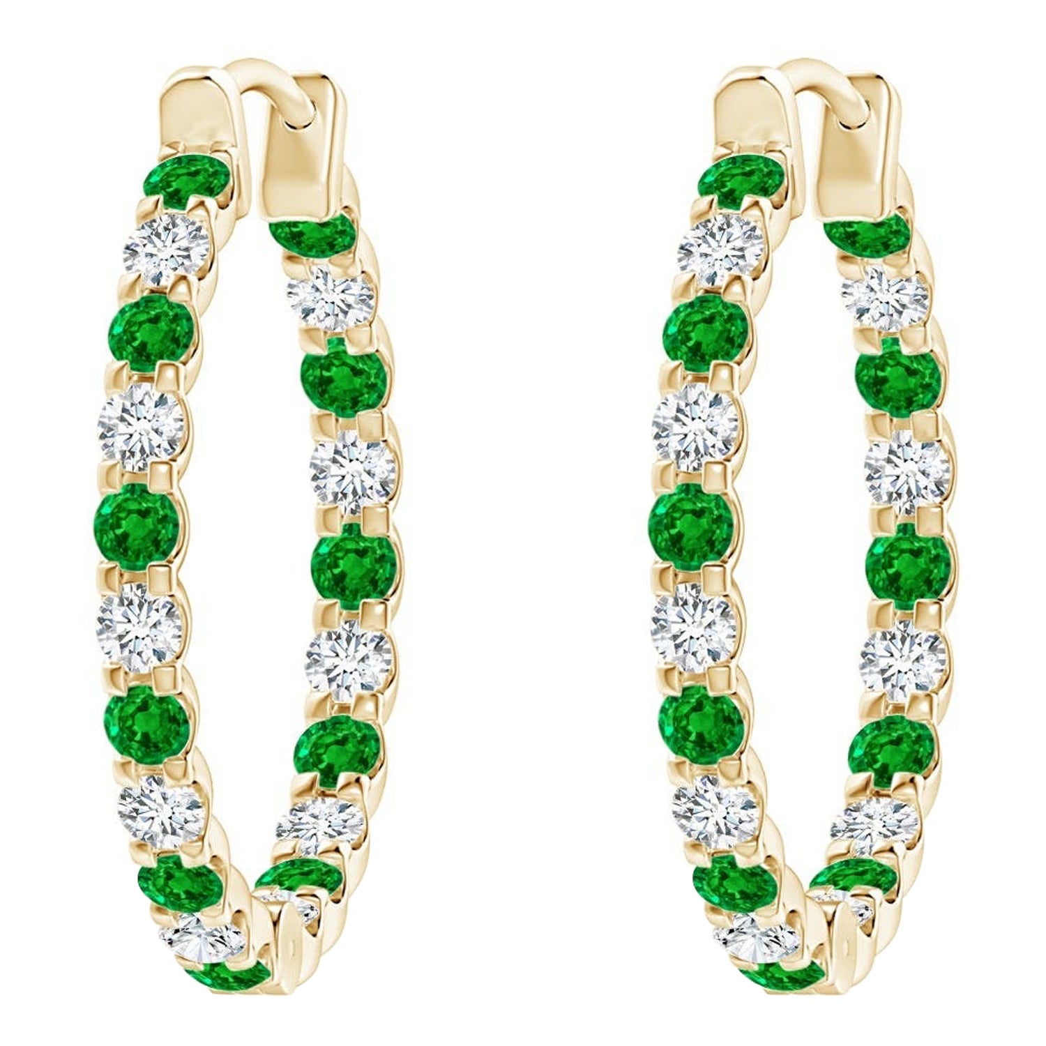 Natural Emerald and Diamond Inside Out Hoop Earrings in 14K Yellow Gold (1.7mm)