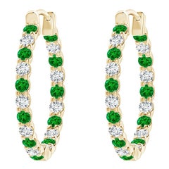Orecchini a cerchio con diamante e smeraldo naturale in oro giallo 14K (1,7 mm)