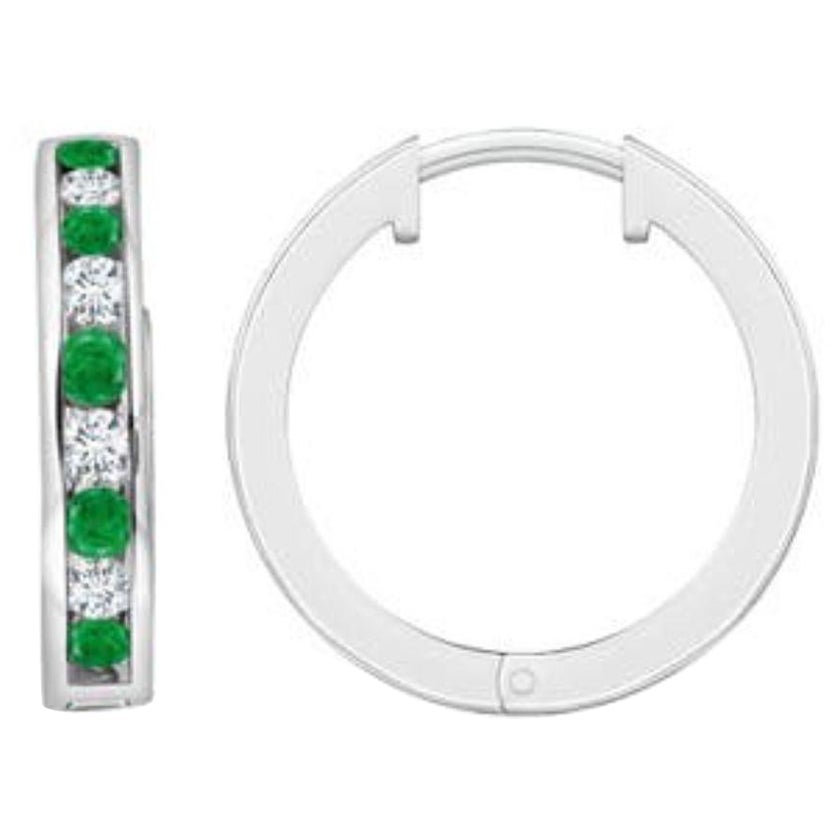 Natural 0.45ct Emerald and 0.28ct Diamond Hinged Hoop Earrings in Platinum For Sale