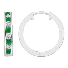 Natural 0.45ct Emerald and 0.28ct Diamond Hinged Hoop Earrings in Platinum