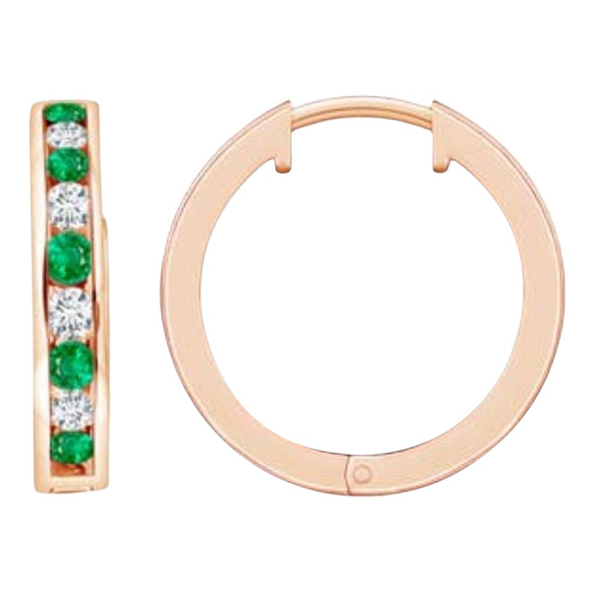 Natural 0.45ct Emerald and 0.28ct Diamond Hinged Hoop Earrings in 14K Rose Gold