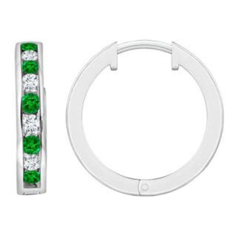 Natural 0.45ct Emerald and 0.28ct Diamond Hinged Hoop Earrings in 14K White Gold