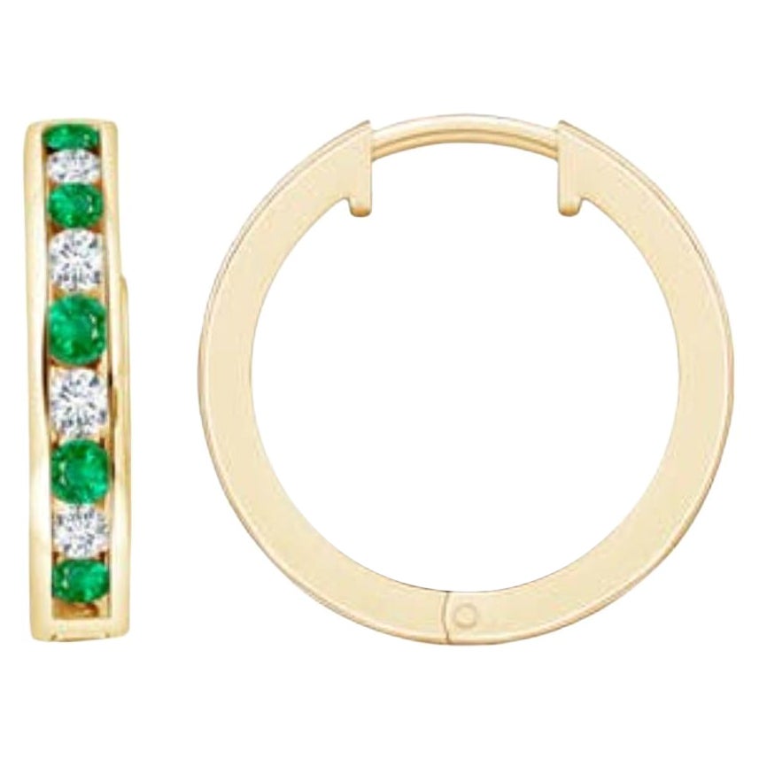 Natural 0.45ct Emerald and 0.28ct Diamond Hinged Hoop Earrings in 14K YellowGold