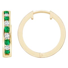 Natural 0.45ct Emerald and 0.28ct Diamond Hinged Hoop Earrings in 14K YellowGold
