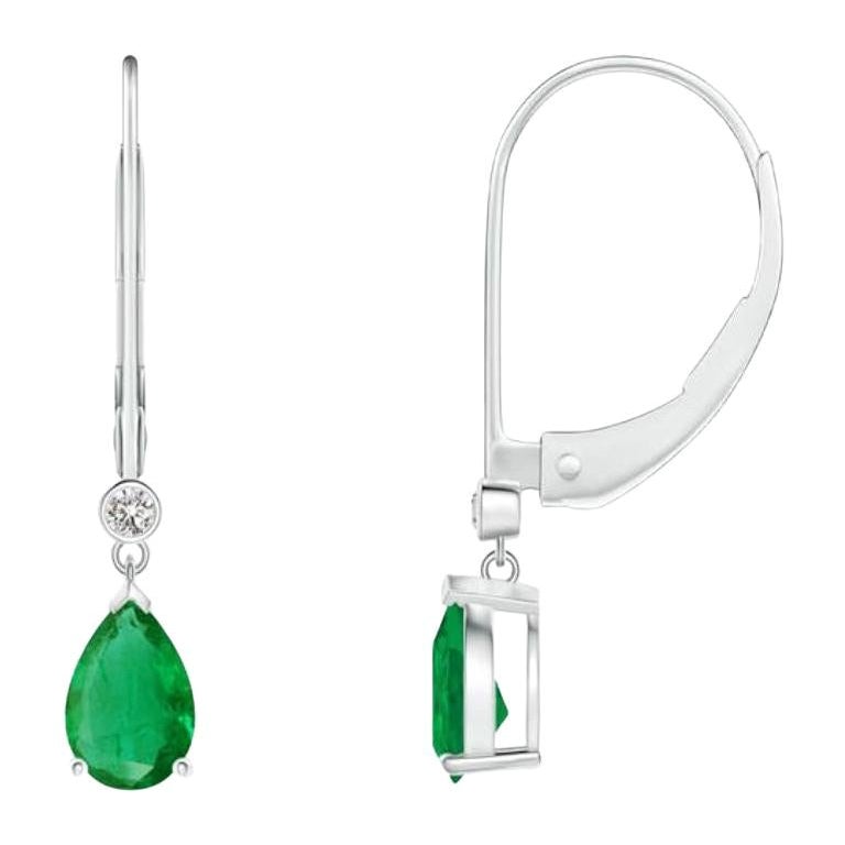 Natural Emerald Drop Earrings with Diamond in Platinum (Size-6x4mm)