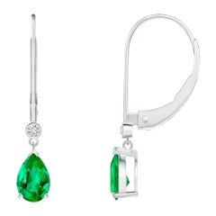 Natural Emerald Drop Earrings with Diamond in 14K White Gold (Size-6x4mm)