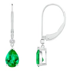Natural Emerald Drop Earrings with Diamond in 14K White Gold (Size-7x5mm)