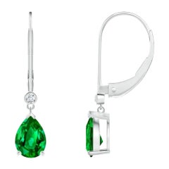 Natural Emerald Drop Earrings with Diamond in 14K White Gold (Size-7x5mm)